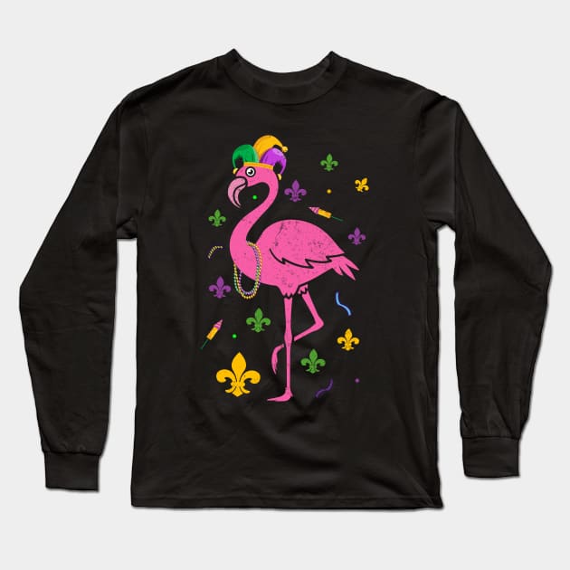 Mardi Gras - Funny Flamingo Wearing Jester Hat Beads Nola Long Sleeve T-Shirt by Pizzan